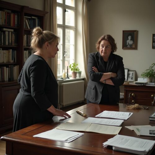 Zwei Frauen im Büro streiten um Finanzdokumente bei Nachlassangelegenheiten
