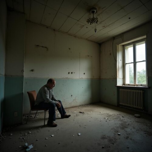 Mann sitzt allein im leeren Raum eines ehemaligen Familienhauses nach Trennung, Isolation
