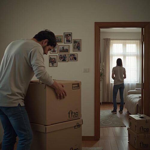 Ehemann packt Koffer für Um, Ehefrau steht unsicher im Türrahmen im Wohnzimmer