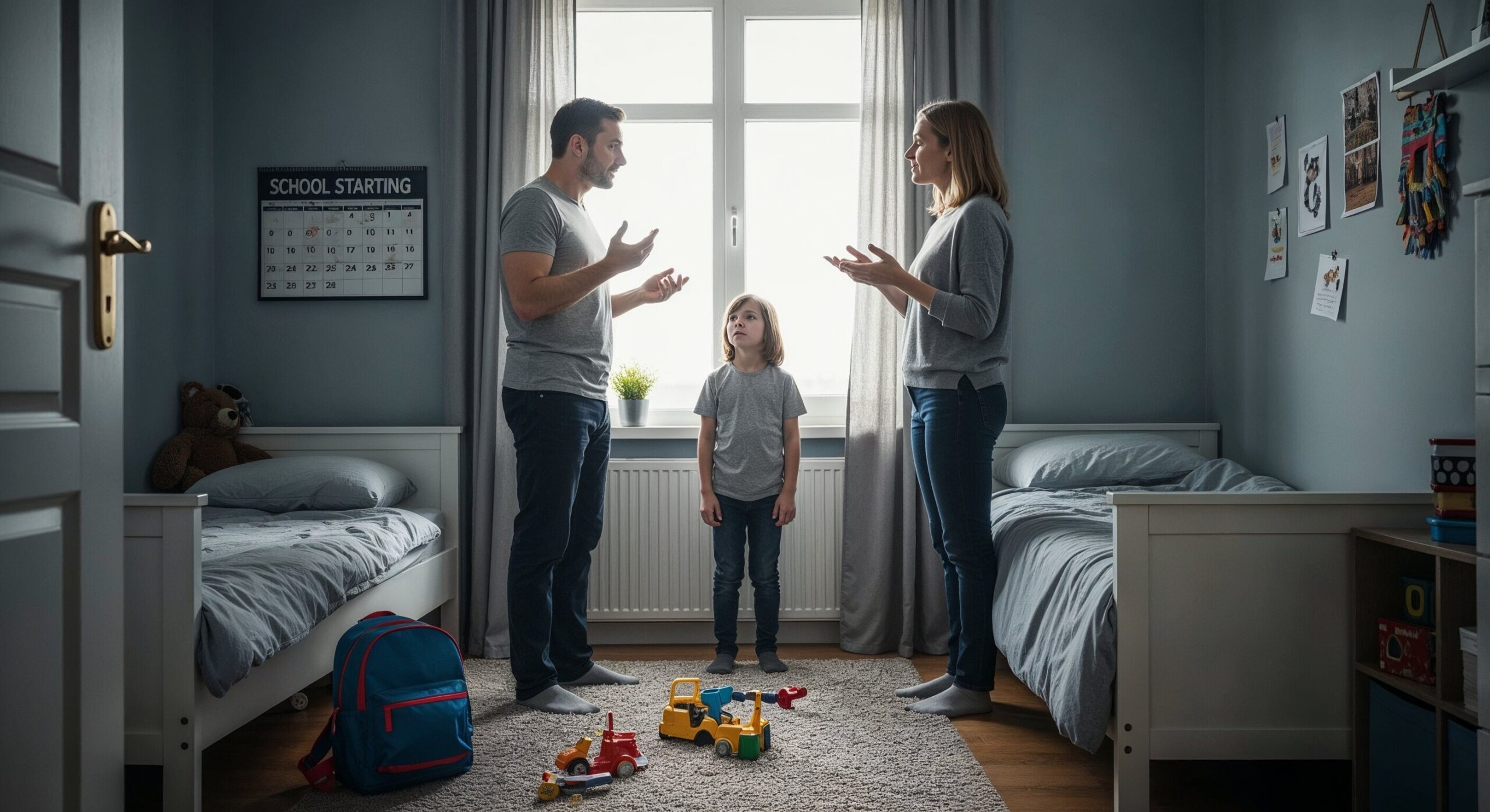 Sorgerechtsstreit eskaliert vor Einschulung: Kind zwischen streitenden Eltern.
