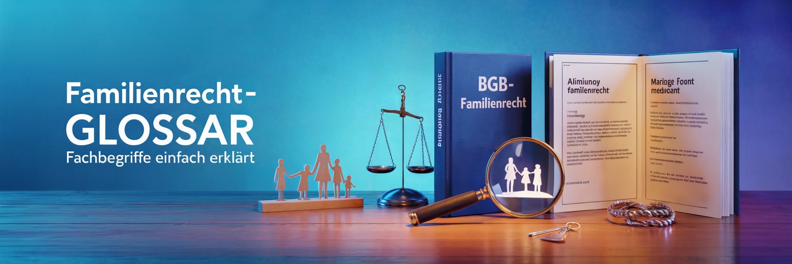 Das Bild zeigt ein Buch mit dem Titel "BGB-Familienrecht" neben einem geöffneten Glossar. Eine Waage und eine hölzerne Familie stehen dekorativ auf einem Tisch, während eine Lupe den Blick auf eine stilisierte Familie lenkt.