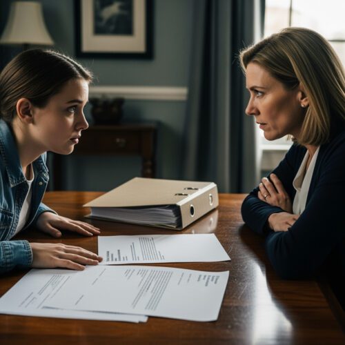 Zwei Frauen am Tisch, in ernstem Gespräch vertieft; Papiere und Ordner deuten auf eine juristische Diskussion hin.