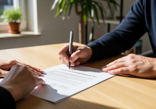 Zwei Hände auf einem Schreibtisch, eine davon unterzeichnet einen Darlehensvertrag zwischen Ehepartnern zur rechtlichen Absicherung.