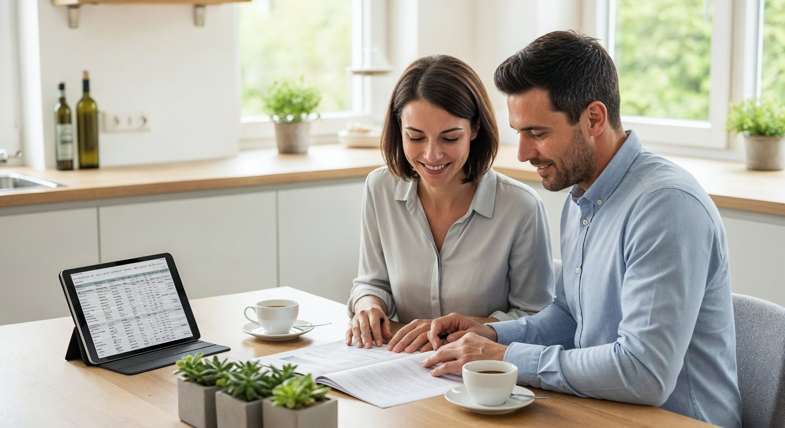 Ein Paar sitzt an einem Tisch und prüft gemeinsam konzentriert die Finanzierungsunterlagen für ihr Haus.