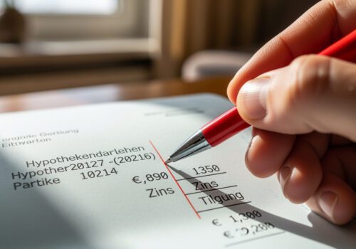 Eine Hand teilt auf einem Kontoauszug eine monatliche Kreditrate mit einem Stift symbolisch in Zins- und Tilgungsanteil auf.