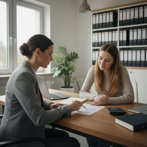 Eine junge Frau in einer Anwaltskanzlei, die von einer Anwältin eine komplexe Unterhaltsberechnung erklärt bekommt und erleichtert wirkt.