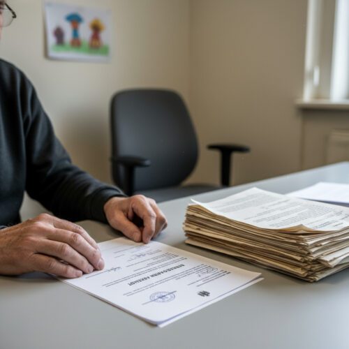 Ein offizielles Ablehnungsdokument liegt auf einem Schreibtisch, direkt neben dem dicken, unbeachteten Privatgutachten eines älteren Mannes.