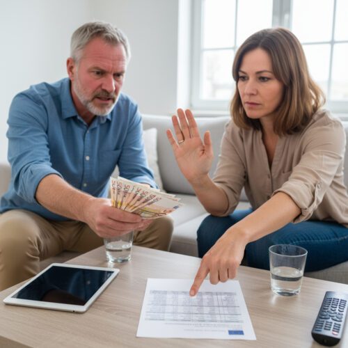 Getrennte Eltern diskutieren über die Unterhaltsberechnung; die Mutter zeigt auf ein Dokument, während der Vater frustriert Bargeld hinhält.