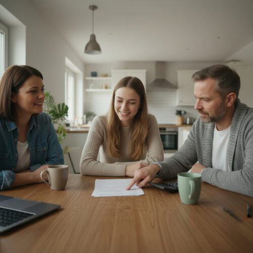 Getrennte Eltern und ihre erwachsene Tochter betrachten gemeinsam ein Dokument mit der finalen Unterhaltsberechnung und nicken sich zustimmend zu.