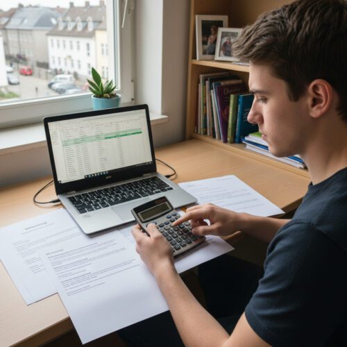 Ein junger Student sitzt am Schreibtisch seiner Wohnung und plant mit Dokumenten, Laptop und Taschenrechner sein monatliches Budget.