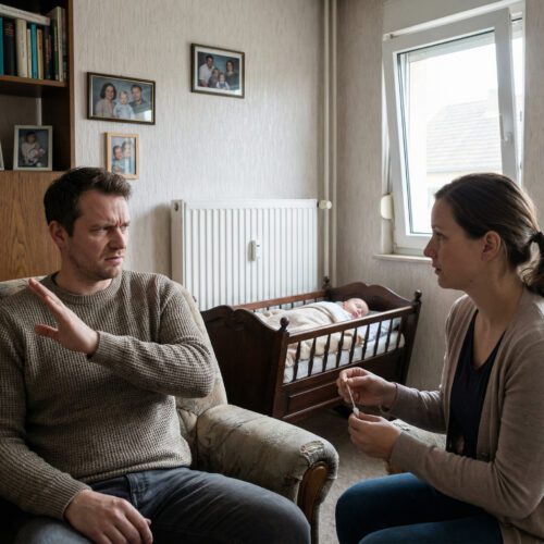 Skeptischer Mann weist mit abwehrender Geste ein Teststäbchen zurück, das ihm eine Frau neben einer Babywiege reicht.