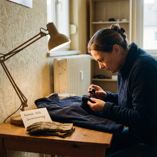 Eine Frau untersucht suchend die abgenutzten Ärmelbündchen einer dunklen Fleece-Jacke nah vor ihren Augen im warmen Licht.