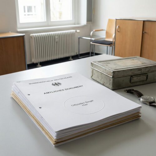 Stapel offizieller Dokumente mit leerem Feld für das Dienstsiegel neben einer Armbanduhr auf einem hellen Schreibtisch.