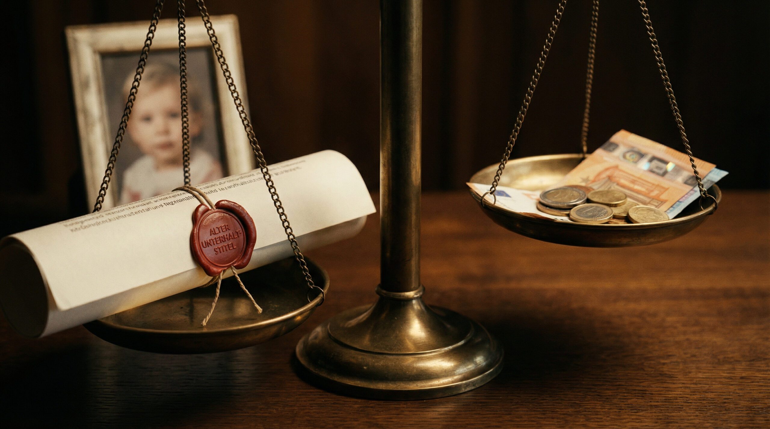 Justitia-Waage im Ungleichgewicht: Ein alter Unterhaltstitel wird gegen Geldstapel gewogen, im Hintergrund unscharf ein Kinderfoto
