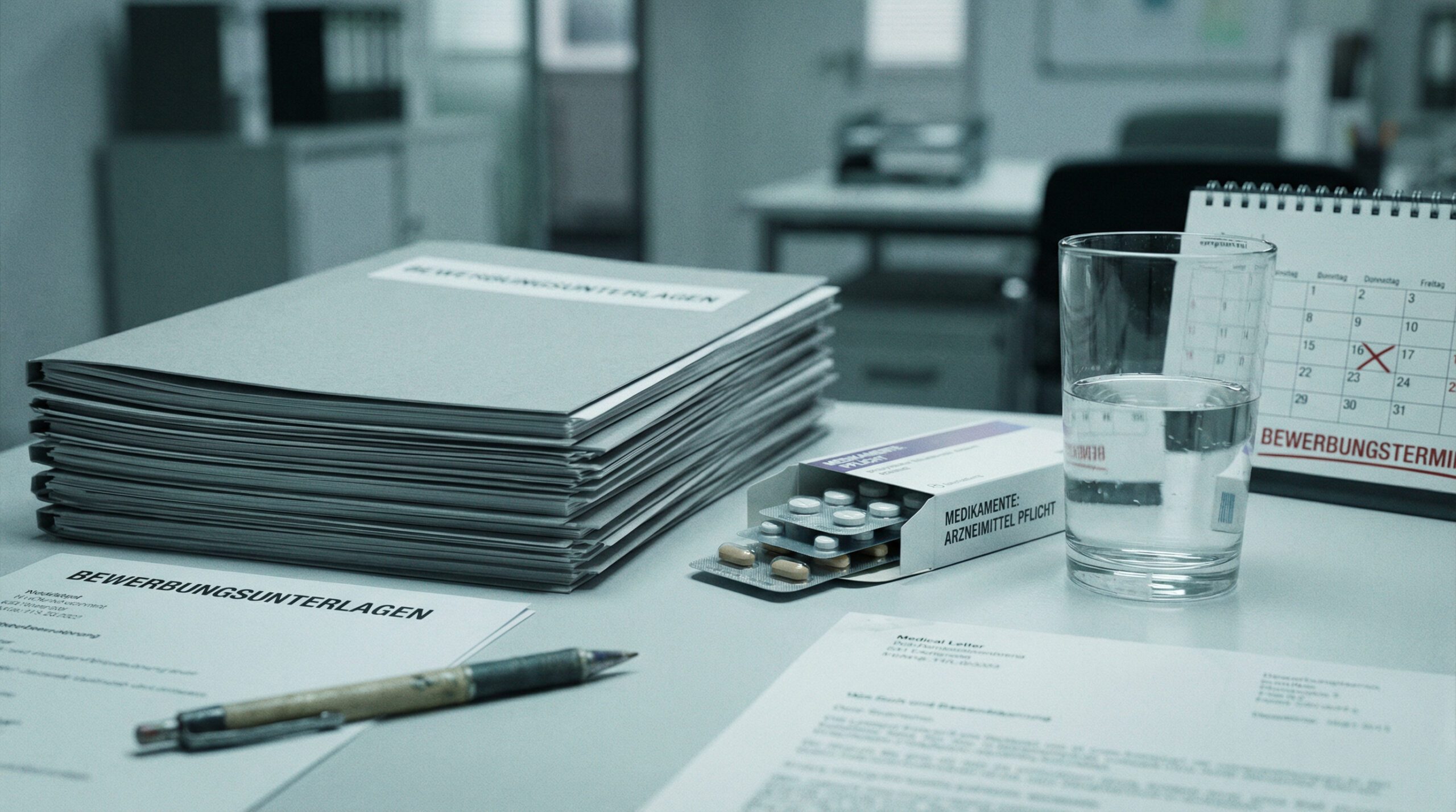 Bewerbungsunterlagen liegen neben Medikamenten auf einem Schreibtisch