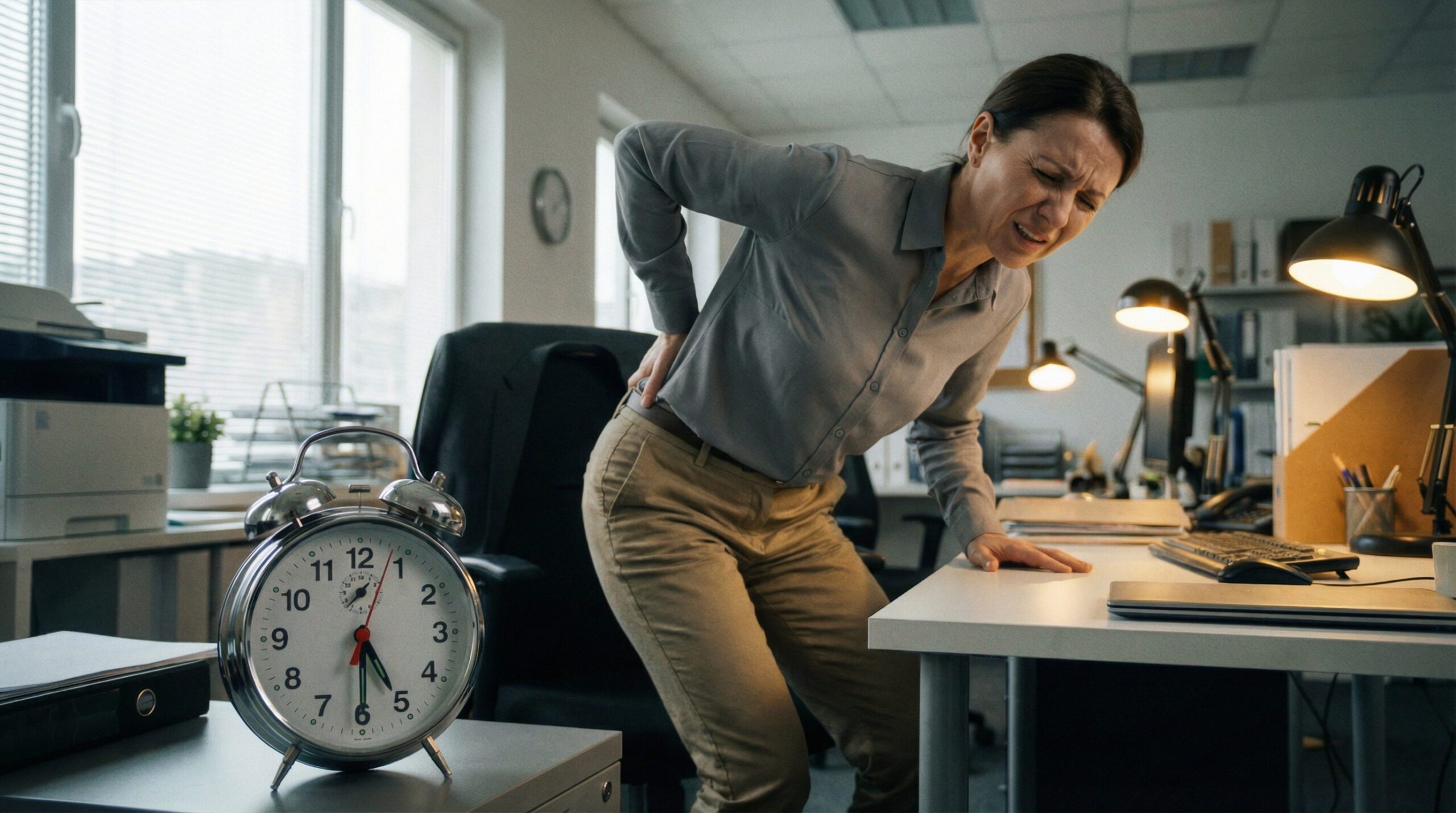 Person im Büro hält sich den Rücken und blickt auf die Uhr