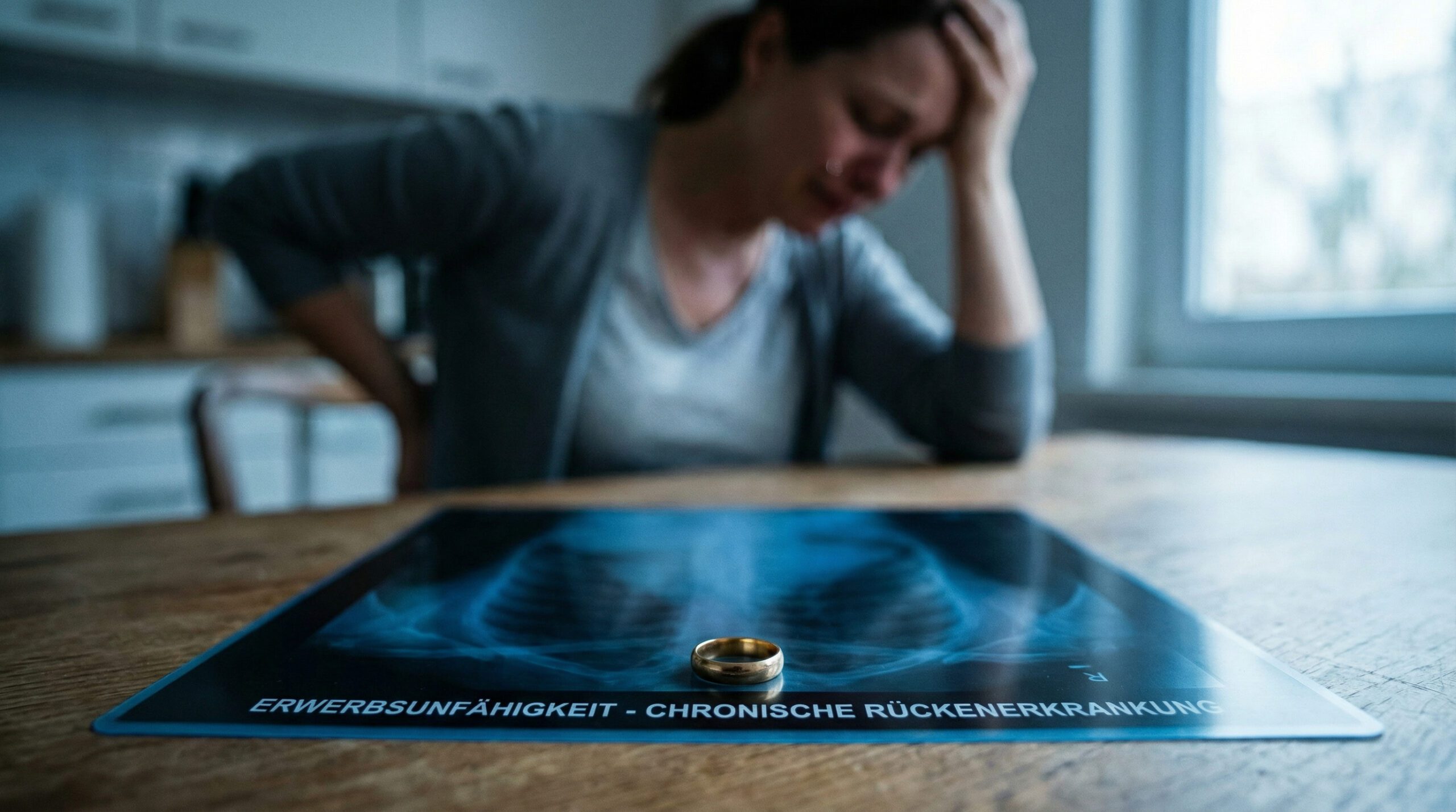 Ein goldener Ehering liegt auf einem medizinischen Röntgenbild einer Wirbelsäule, im Hintergrund sitzt eine schmerzgeplagte Frau am Tisch – Symbolbild für Krankheitsunterhalt nach Scheidung.