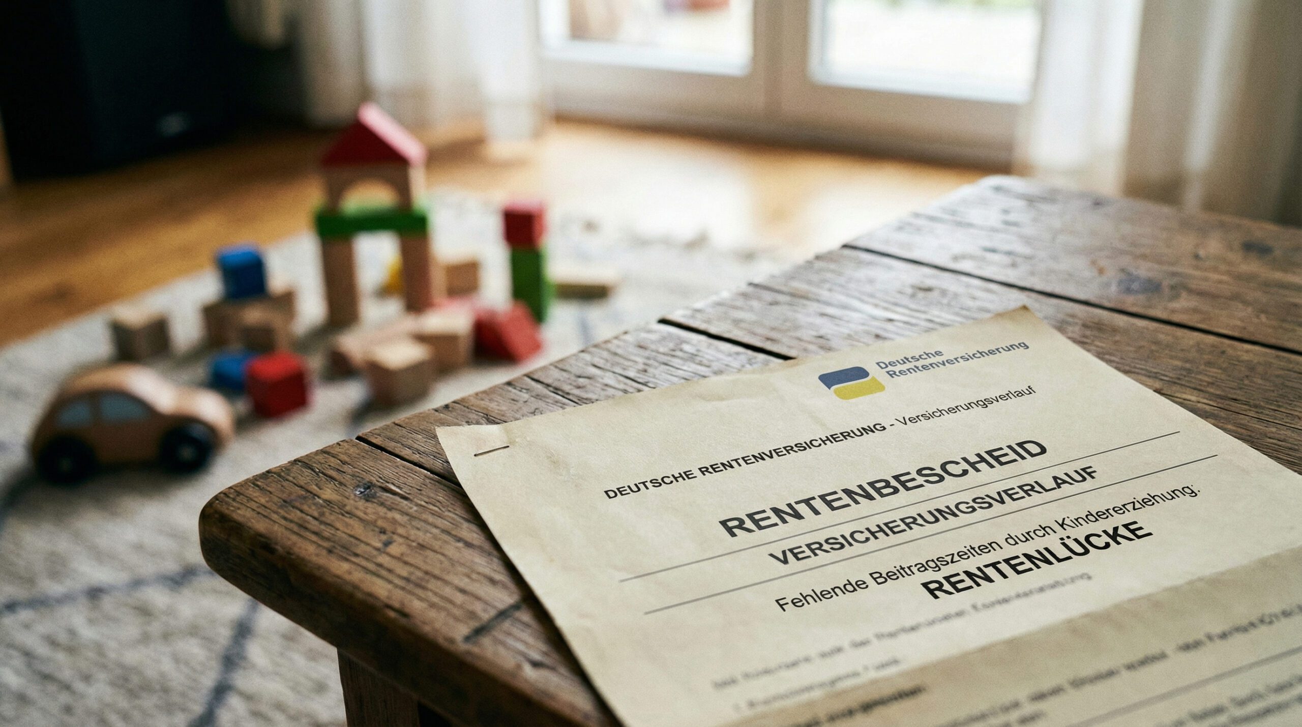 Rentenbescheid liegt auf Tisch, im Hintergrund Kinderspielzeug