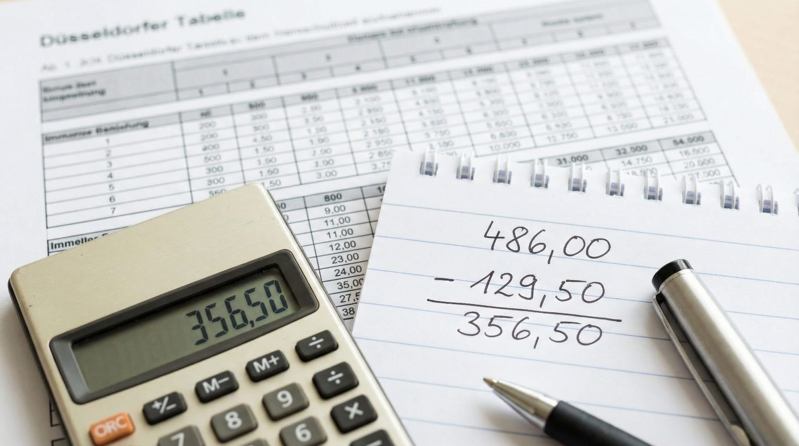 Taschenrechner und Notizblock, auf dem eine Unterhaltsberechnung mit den Werten 486 Euro abzüglich 129,50 Euro notiert ist.