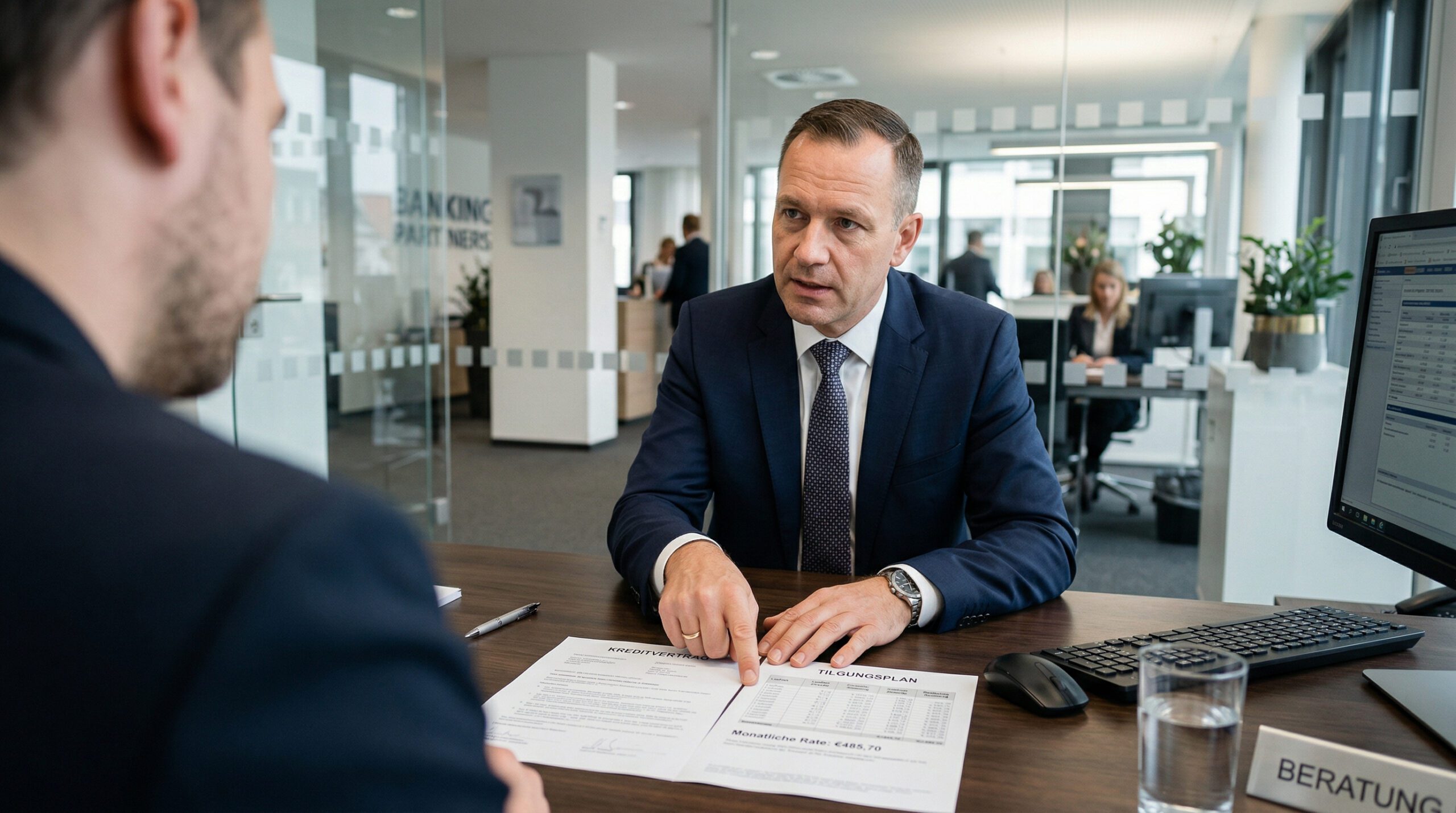 Beratungsgespräch in einer Bank mit Dokumenten auf dem Tisch