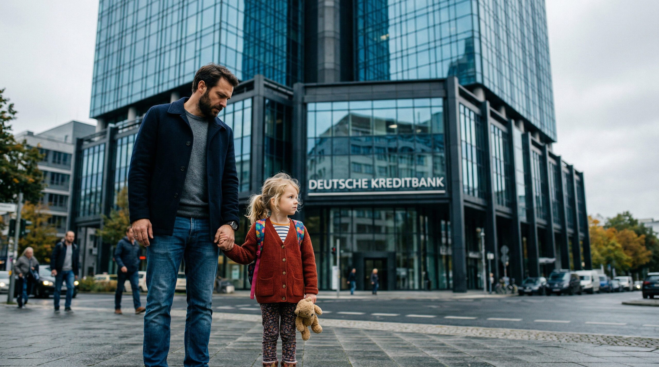 Ein besorgter Vater steht mit seiner kleinen Tochter vor einem großen Bankgebäude, was den Konflikt zwischen Kreditschulden und Kindesunterhalt symbolisiert.