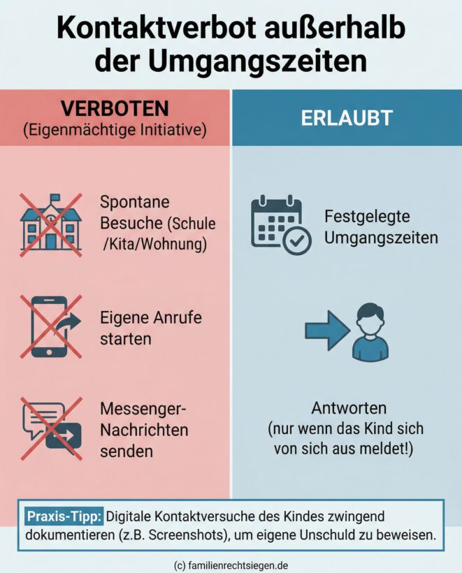 Infografik zur Gegenüberstellung von verbotenen und erlaubten Handlungen bei einem gerichtlichen Kontaktverbot außerhalb der Umgangszeiten. Verboten sind spontane Besuche sowie eigene Anrufe und Nachrichten. Erlaubt ist das Antworten, wenn das Kind von sich aus Kontakt aufnimmt. Ein Praxis-Tipp rät zur Dokumentation durch Screenshots.