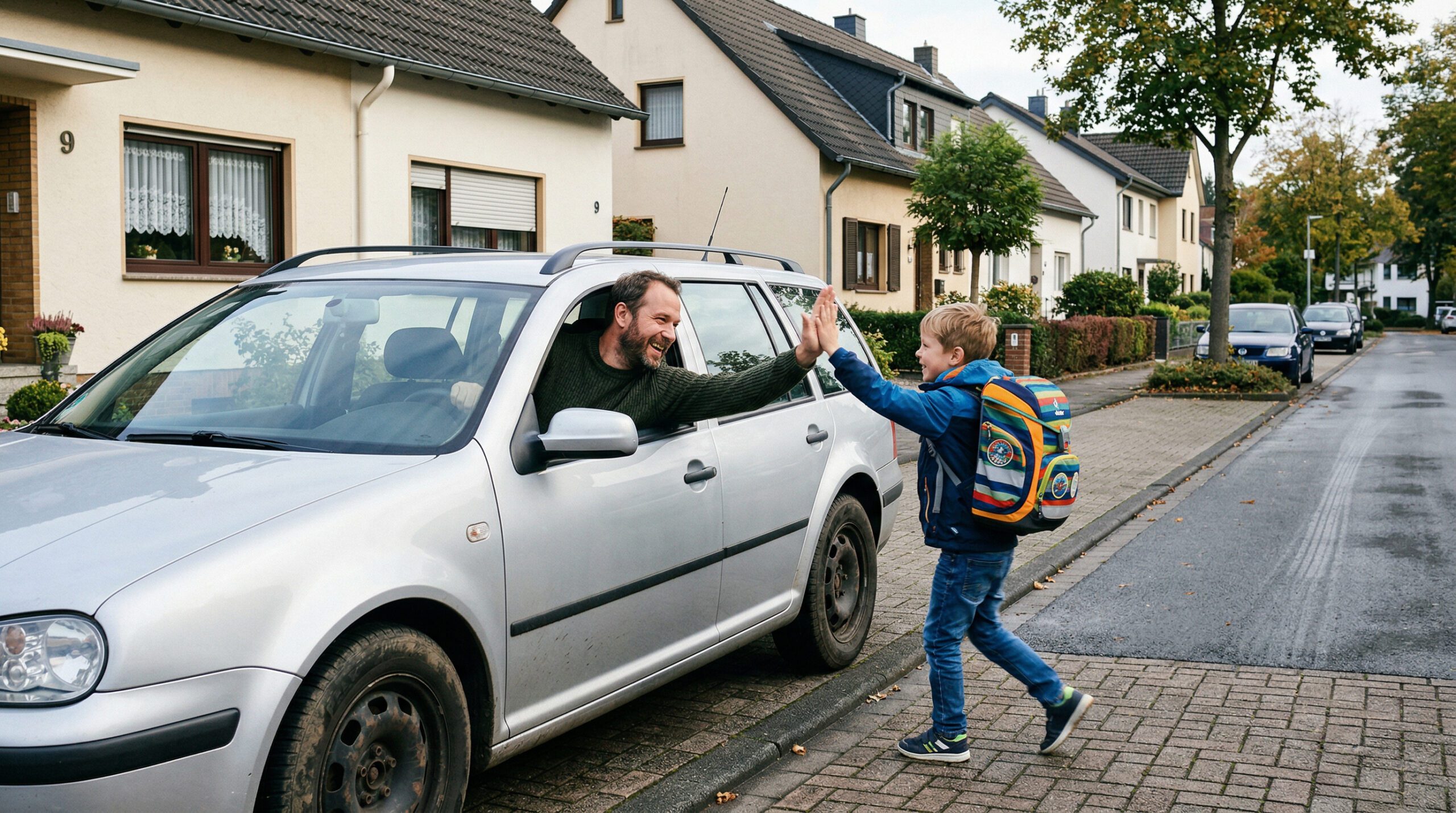 Ein Mann lehnt sich aus einem Autofenster und gibt einem Kind mit Schulranzen auf dem Gehweg ein High Five.