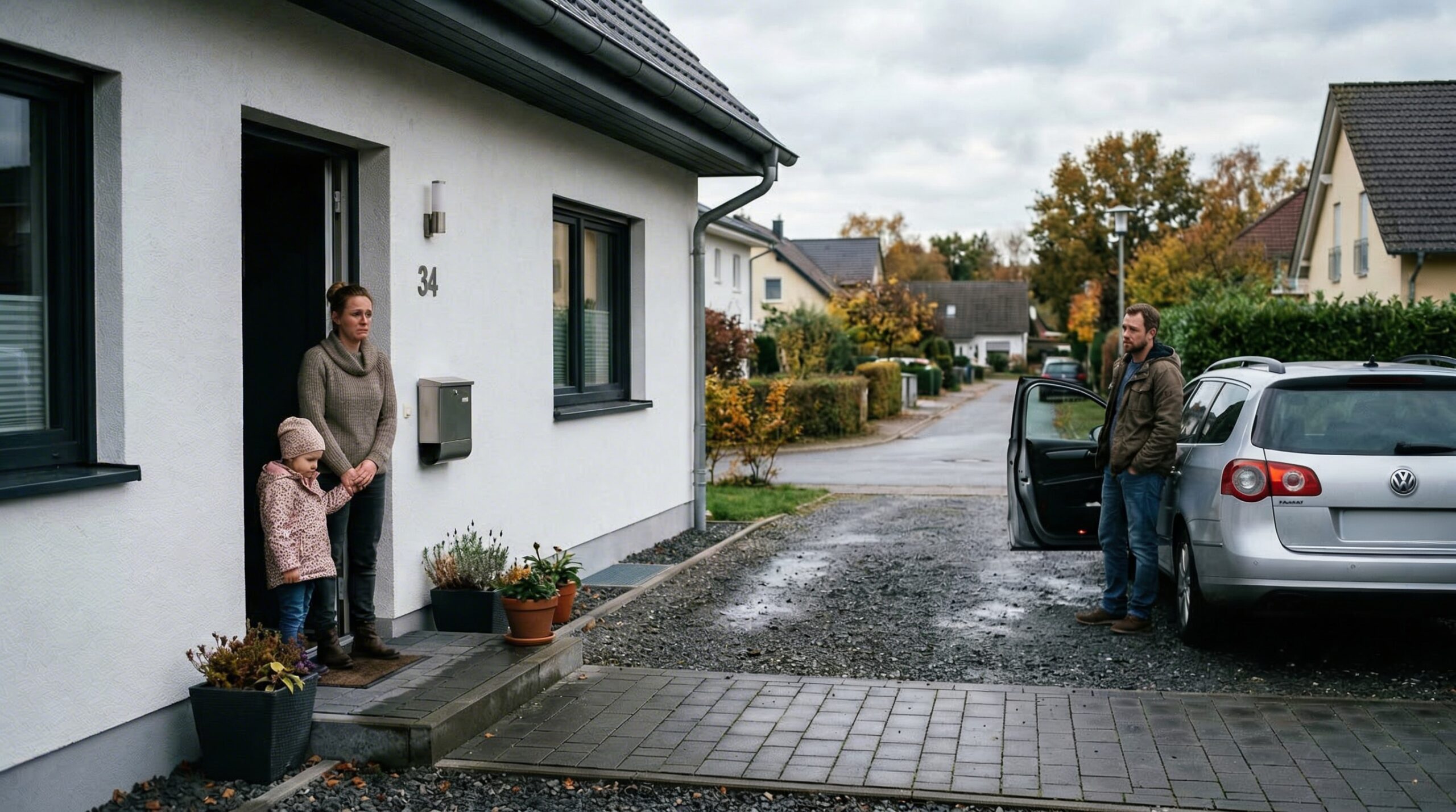 Mutter hält Kind an der Haustür zurück, während der Vater mit Abstand am Auto wartet.