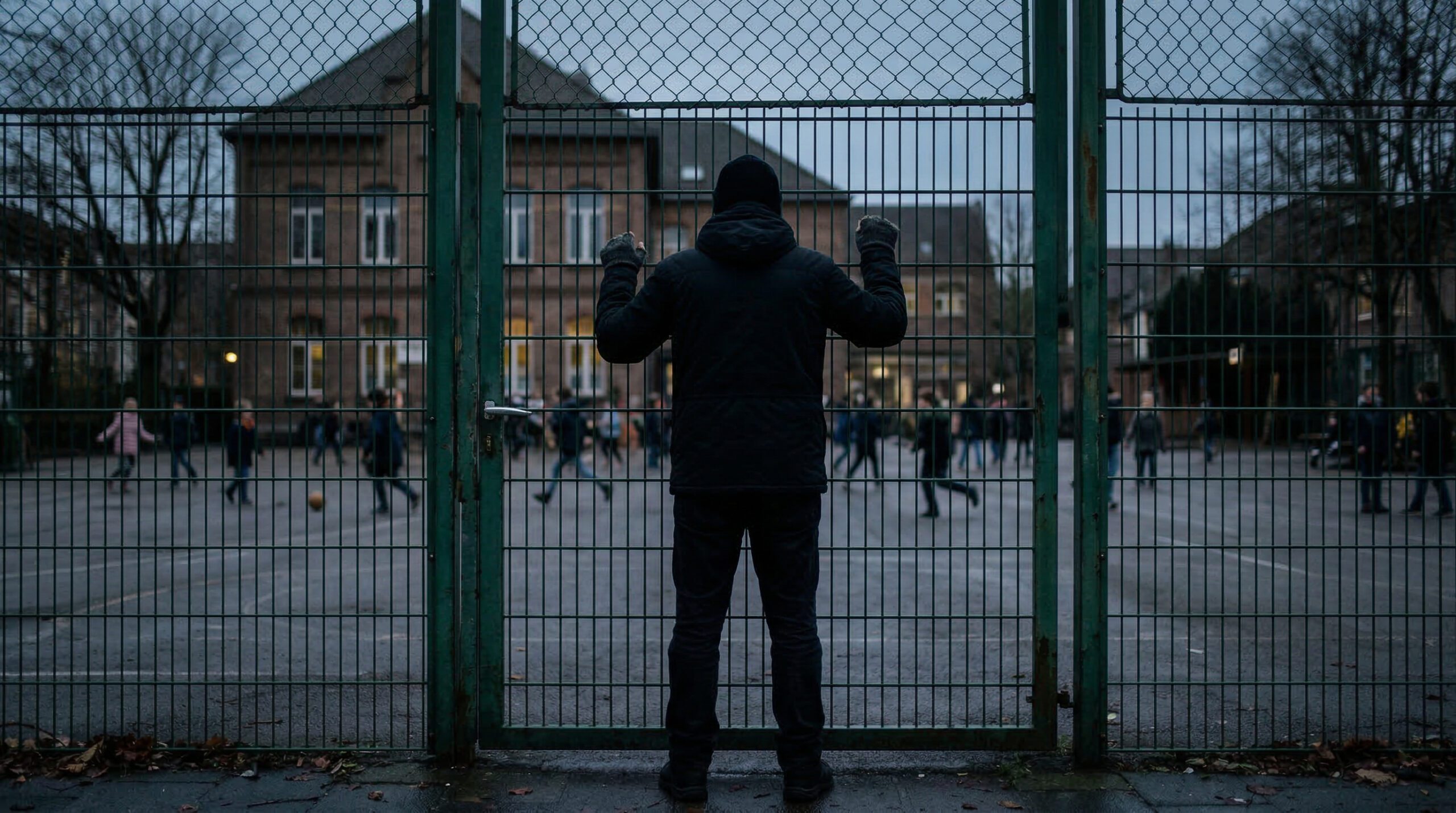 Die Silhouette einer erwachsenen Person steht an einem hohen Metallzaun und blickt von außen auf ein Schulgelände mit spielenden Kindern.
