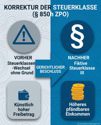 Infografik zeigt die Korrektur der Steuerklasse bei Pfändung: Von künstlichem Freibetrag zu höherem Pfändungsbetrag.
