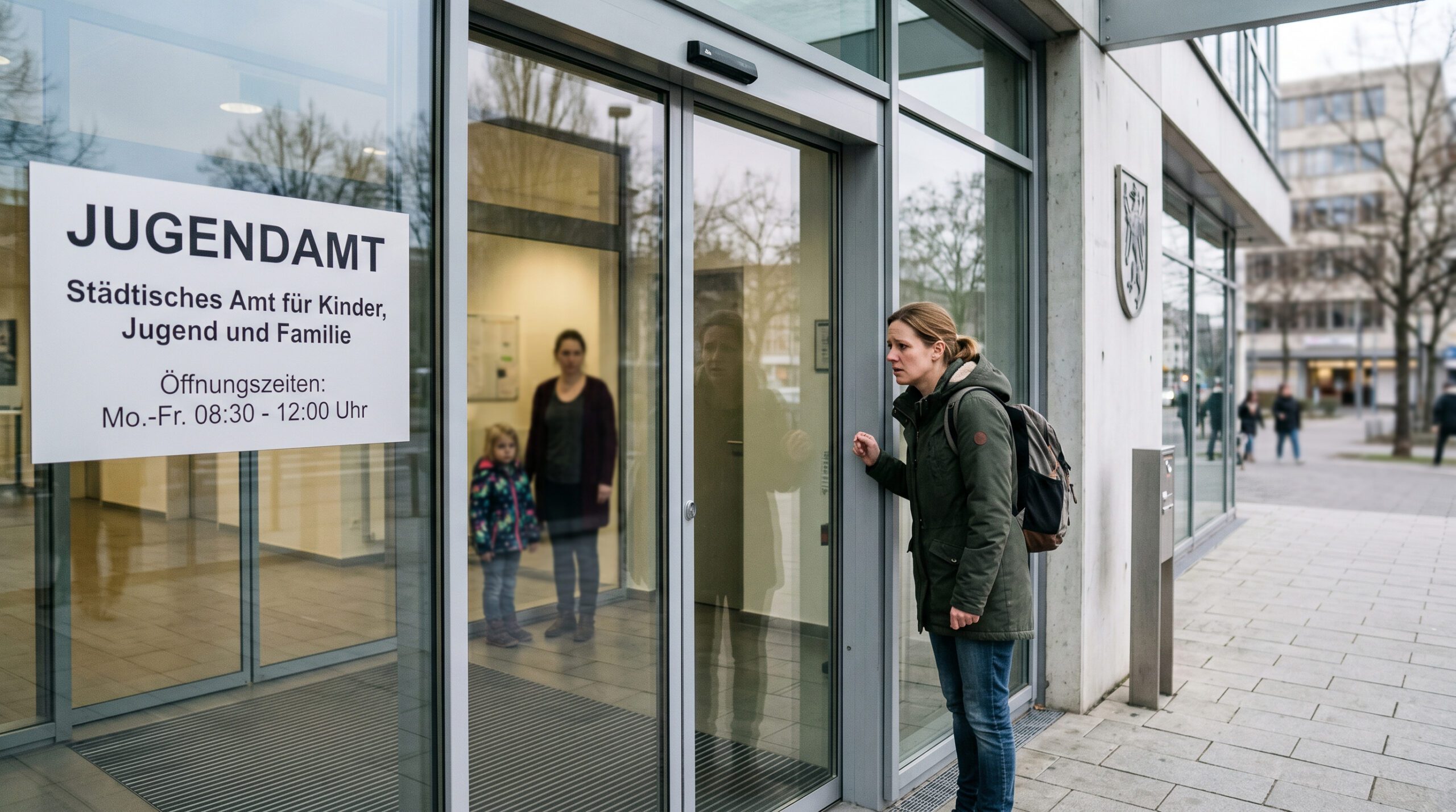 Elternteil vor Glastür des Jugendamts; im Hintergrund Kind bei anderer Person. Fokus auf der Barriere.