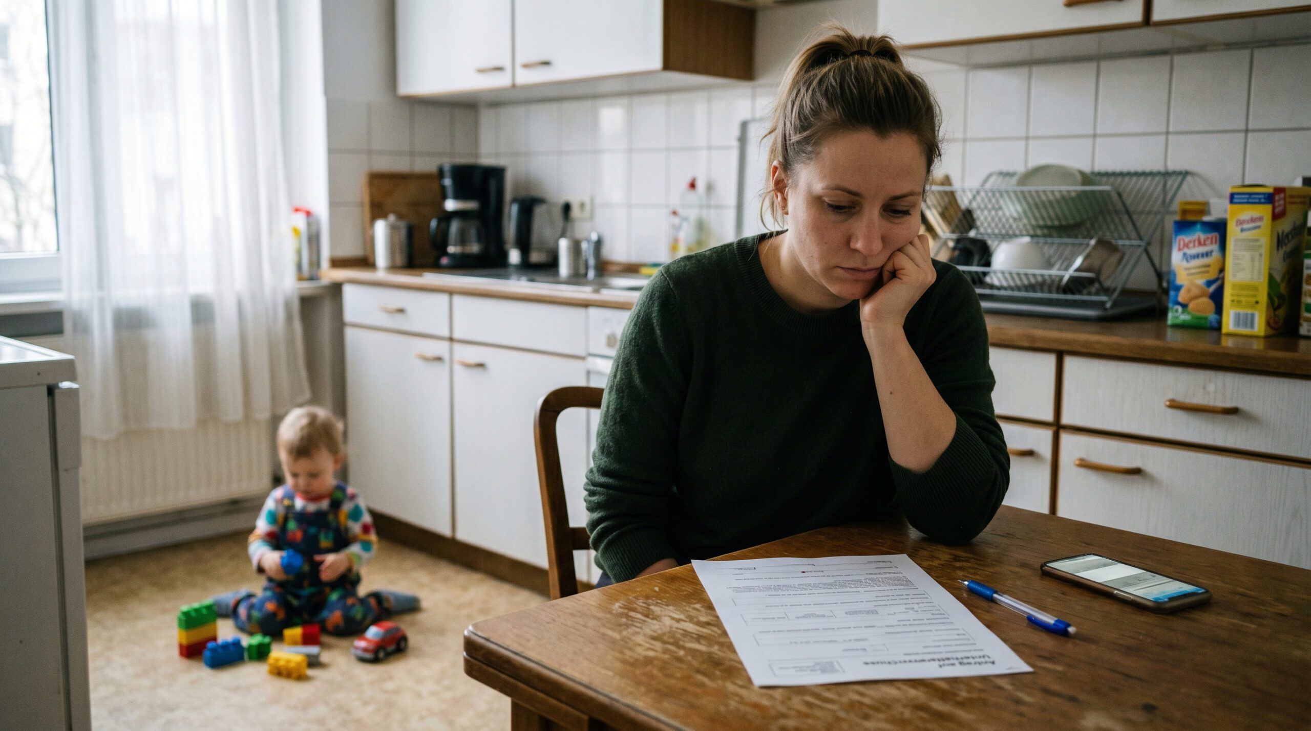Mutter am Küchentisch vor einem Formular für Unterhaltsvorschuss; leere Felder für den Vater, Kind spielt im Hintergrund.