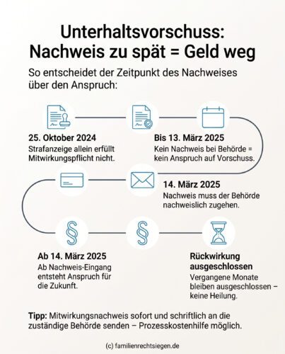 Infografik: Zeitstrahl zur Mitwirkungspflicht beim Unterhaltsvorschuss verdeutlicht, dass der Anspruch erst ab dem Tag des nachweislichen Zugangs des Nachweises bei der Behörde entsteht und eine rückwirkende Heilung ausgeschlossen ist.